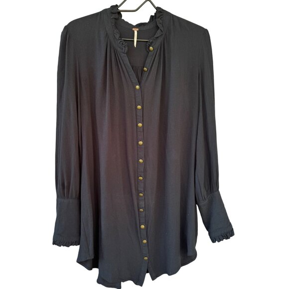 Free People M Black Button-Down Long-Sleeve Tunic Top With Ruffled Collar & Cuf - Picture 6 of 8